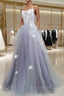 A line Tulle Lace Long Formal Dresses, Lace Tulle Formal Prom Dresses