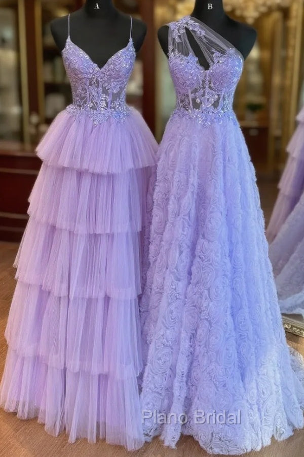 A-Line Tulle Lace Purple Long Formal Prom Dresses, Purple Long Formal Dresses Main image