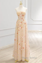 A-Line Tulle Lace Sequin Champagne Long Formal Prom Dresses, Champagne Long Formal Dresses