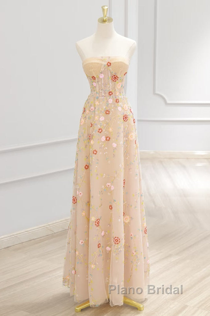 A-Line Tulle Lace Sequin Champagne Long Formal Prom Dresses, Champagne Long Formal Dresses