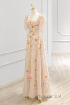 A-Line Tulle Lace Sequin Champagne Long Formal Prom Dresses, Champagne Long Formal Dresses
