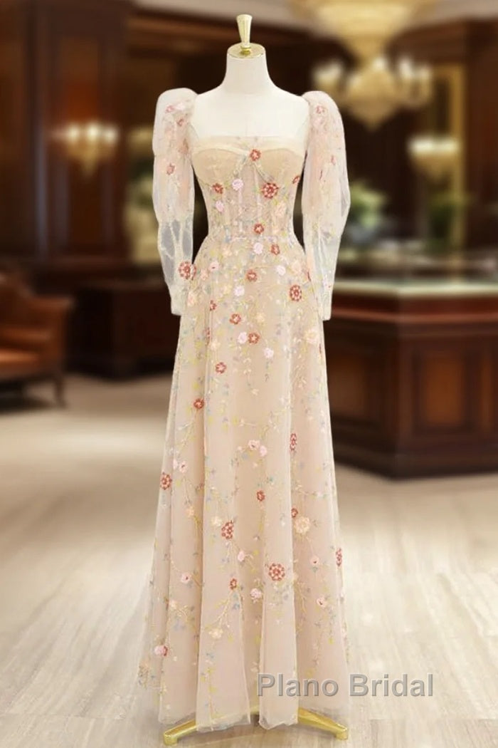 A-Line Tulle Lace Sequin Champagne Long Formal Prom Dresses, Champagne Long Formal Dresses Main image