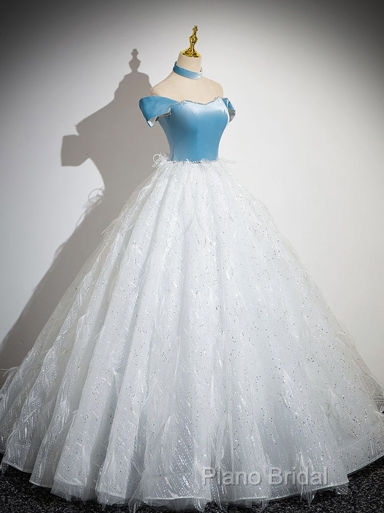 A-Line Tulle Lace White/Blue Long Formal Prom Dresses, White/Blue Long Formal Dresses Secondary image