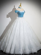 A-Line Tulle Lace White/Blue Long Formal Prom Dresses, White/Blue Long Formal Dresses