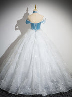 A-Line Tulle Lace White/Blue Long Formal Prom Dresses, White/Blue Long Formal Dresses