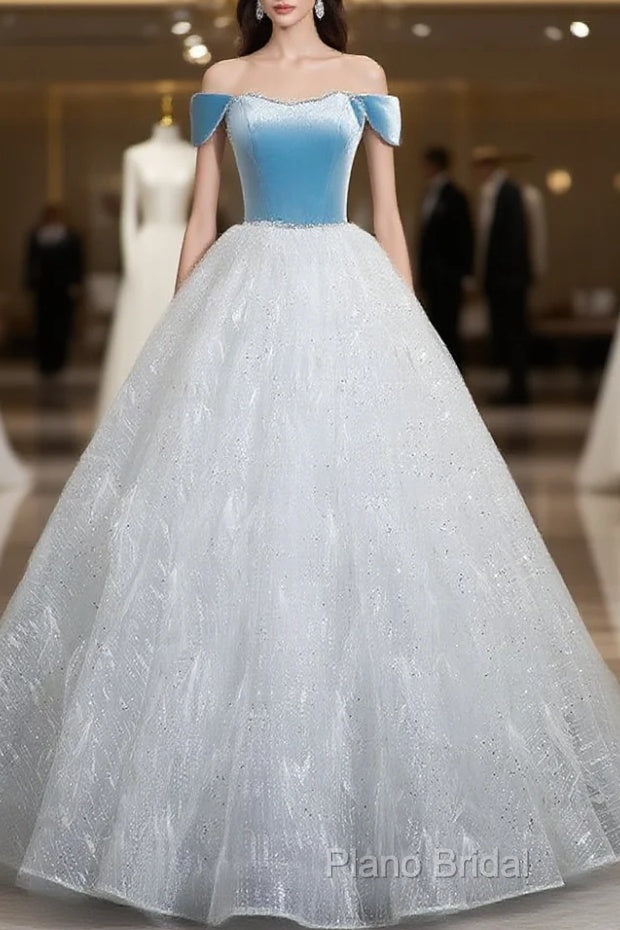 A-Line Tulle Lace White/Blue Long Formal Prom Dresses, White/Blue Long Formal Dresses Main image