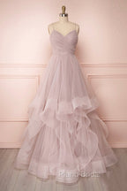 A-Line Tulle Layers Long Formal Dresses, Cute V-Neck Evening Party Dresses