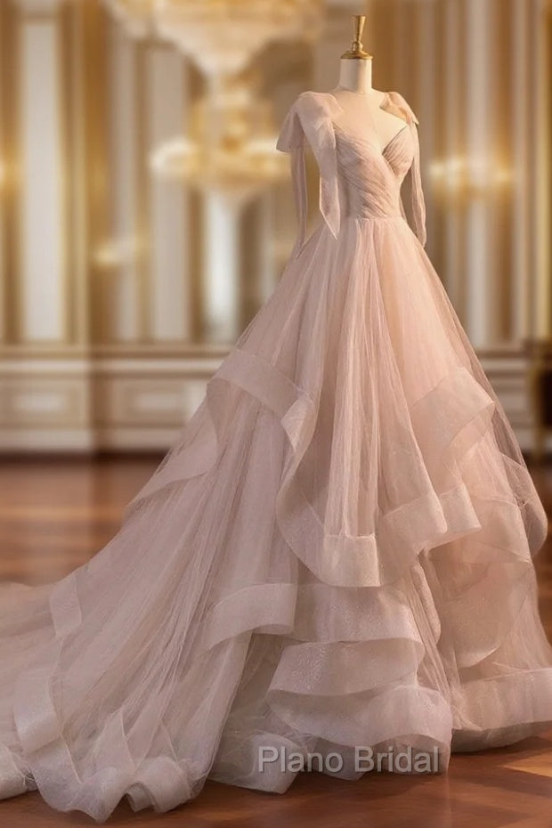 A-Line Tulle Layers Long Formal Dresses, Spaghetti Straps Party Dresses with Bow Main image