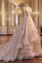 A-Line Tulle Layers Long Formal Dresses, Spaghetti Straps Party Dresses with Bow