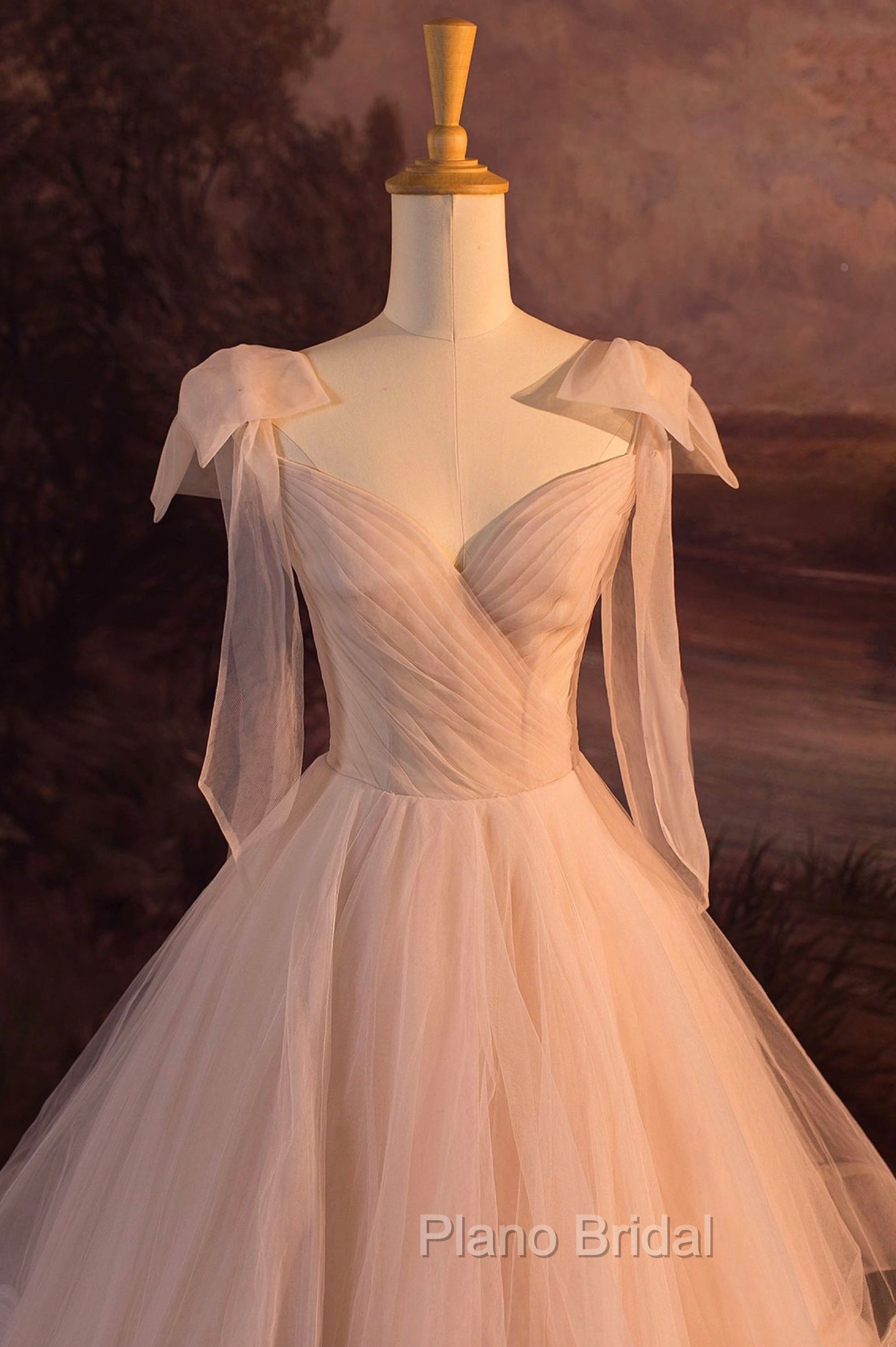 A-Line Tulle Layers Long Formal Dresses, Spaghetti Straps Party Dresses with Bow