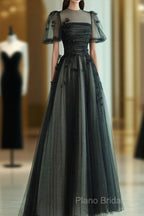 A Line Tulle Long Formal Prom Dresses Black Formal Dresses