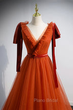 A-Line Tulle Long Formal Prom Dresses, Orange V-Neck Long Simple Evening Dresses