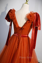 A-Line Tulle Long Formal Prom Dresses, Orange V-Neck Long Simple Evening Dresses