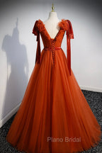 A-Line Tulle Long Formal Prom Dresses, Orange V-Neck Long Simple Evening Dresses