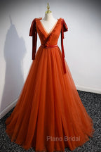 A-Line Tulle Long Formal Prom Dresses, Orange V-Neck Long Simple Evening Dresses