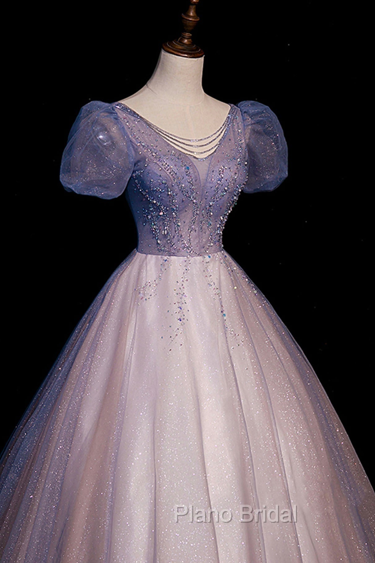 A-Line Tulle Long Formal Prom Dresses with Beaded, Blue Short Sleeve Evening Dresses Secondary image