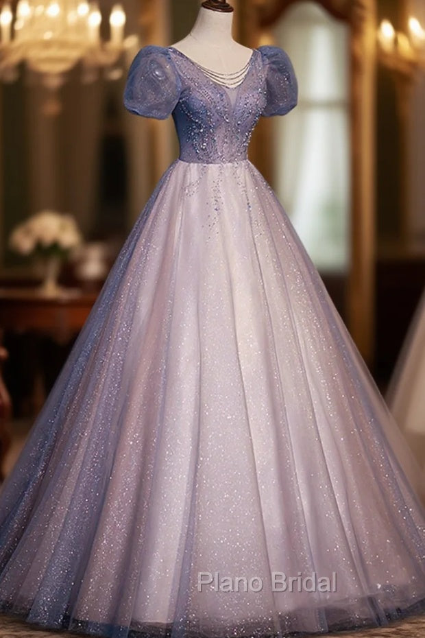 A-Line Tulle Long Formal Prom Dresses with Beaded, Blue Short Sleeve Evening Dresses