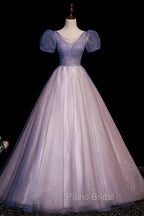 A-Line Tulle Long Formal Prom Dresses with Beaded, Blue Short Sleeve Evening Dresses