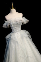 A-Line Tulle Long Formal Prom Dresses with Beading