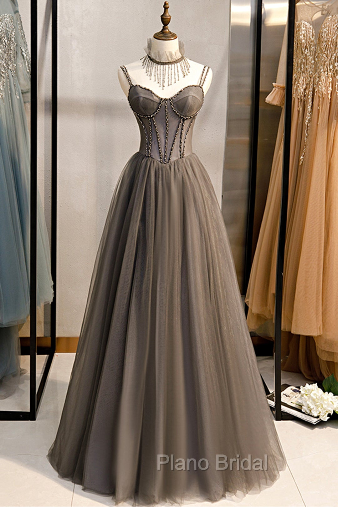 A-Line Tulle Long Formal Prom Dresses with Beading, Cute Evening Party Dresses Main image
