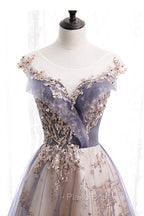 A-Line Tulle Long Formal Prom Dresses with Sequins, Cute Scoop Neckline Evening Dresses