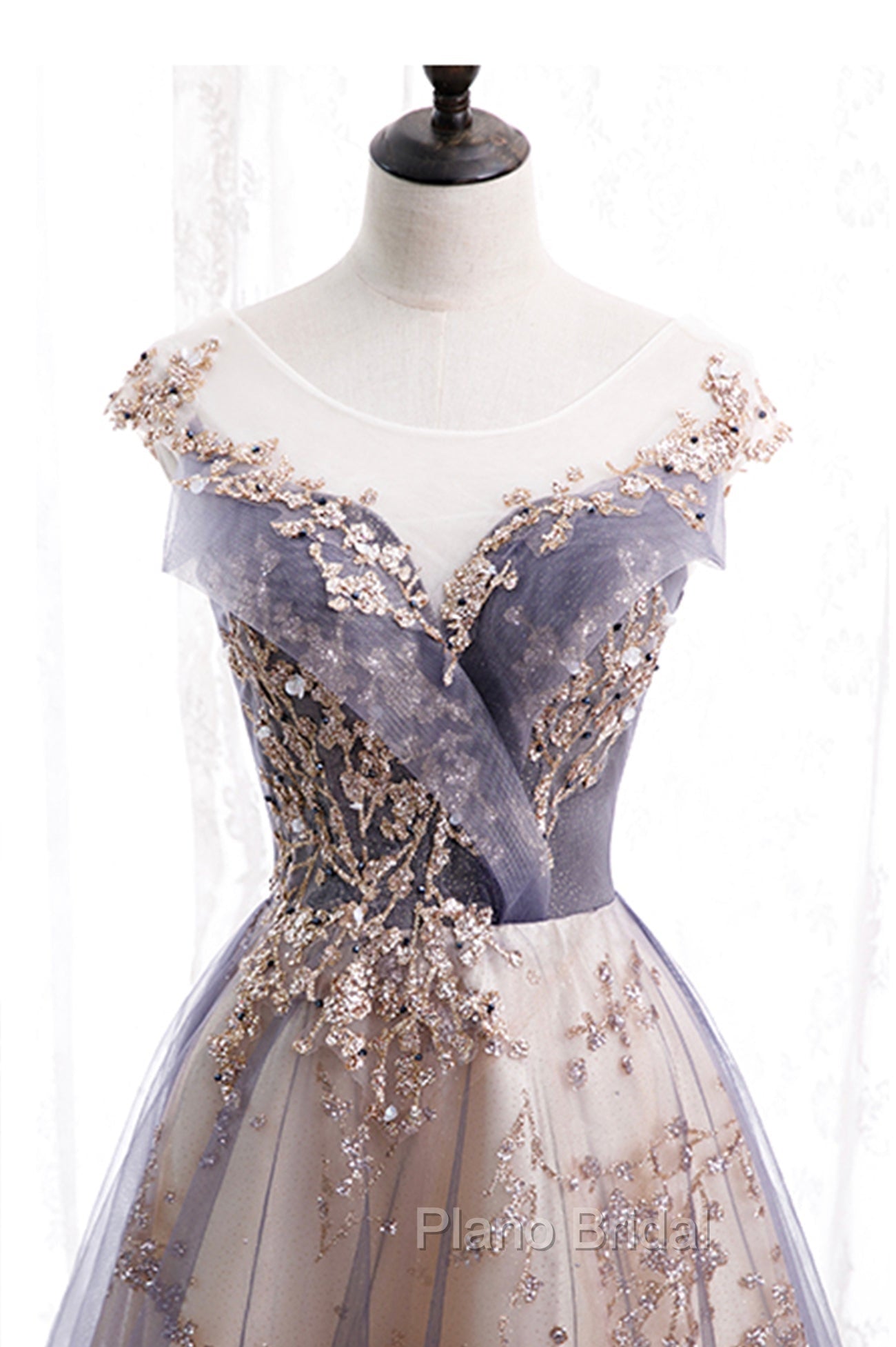 A-Line Tulle Long Formal Prom Dresses with Sequins, Cute Scoop Neckline Evening Dresses