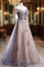 A-Line Tulle Long Formal Prom Dresses with Sequins, Cute Scoop Neckline Evening Dresses