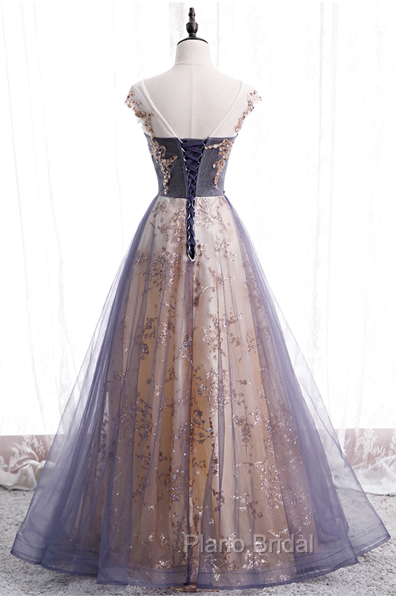 A-Line Tulle Long Formal Prom Dresses with Sequins, Cute Scoop Neckline Evening Dresses