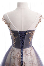 A-Line Tulle Long Formal Prom Dresses with Sequins, Cute Scoop Neckline Evening Dresses