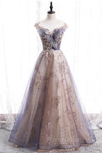 A-Line Tulle Long Formal Prom Dresses with Sequins, Cute Scoop Neckline Evening Dresses