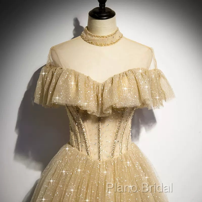 A Line Tulle Long Formal Prom Dresses