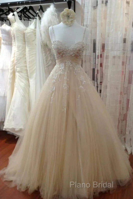 A Line Tulle Long Formal Prom Straps Sweetheart Lace Appliques Wedding Dresses Secondary image