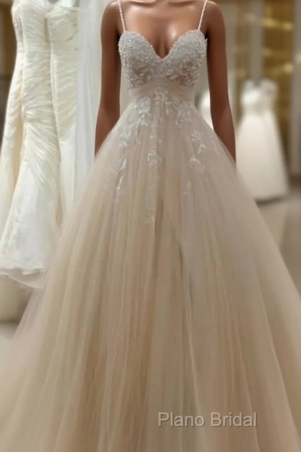A Line Tulle Long Formal Prom Straps Sweetheart Lace Appliques Wedding Dresses Main image