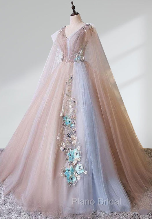 A Line Tulle Pink Embroidery Appliqued Long Formal Prom Dresses