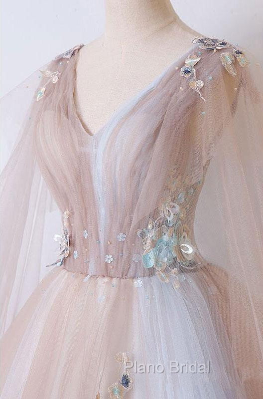 A Line Tulle Pink Embroidery Appliqued Long Formal Prom Dresses