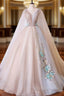 A Line Tulle Pink Embroidery Appliqued Long Formal Prom Dresses