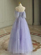 A-Line Tulle Purple Long Formal Prom Dresses, Purple Long Graduation Dresses
