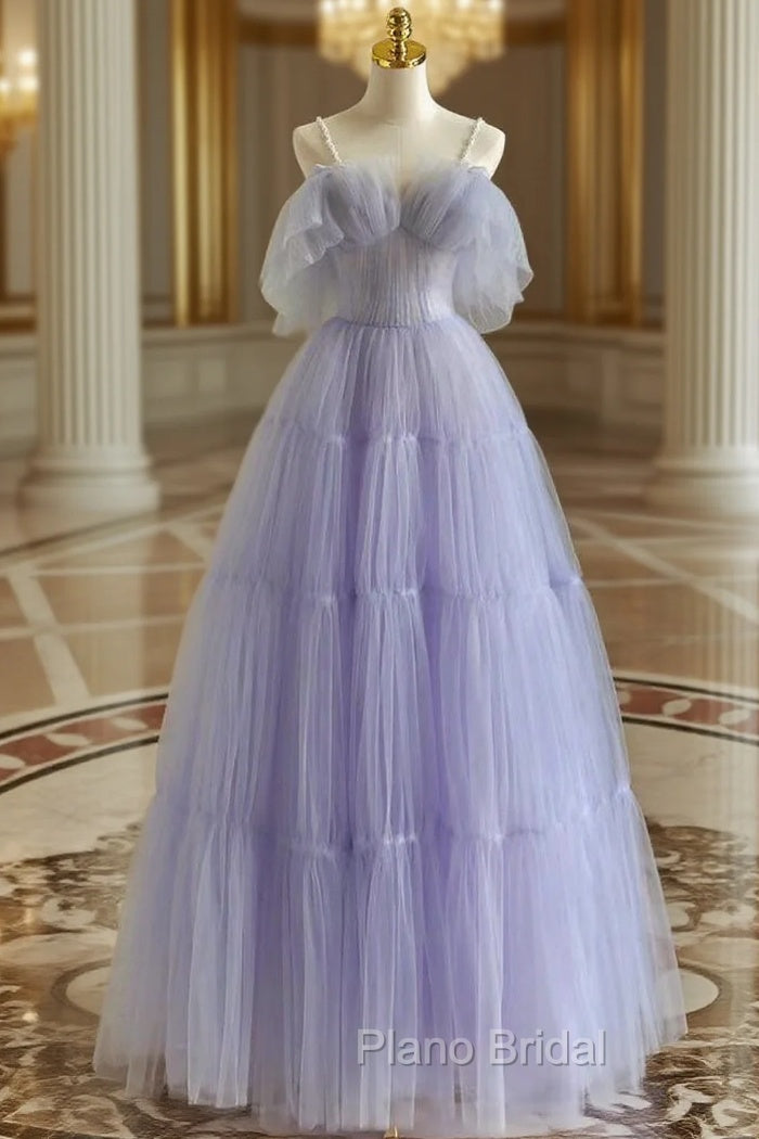 A-Line Tulle Purple Long Formal Prom Dresses, Purple Long Graduation Dresses