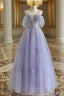A-Line Tulle Purple Long Formal Prom Dresses, Purple Long Graduation Dresses