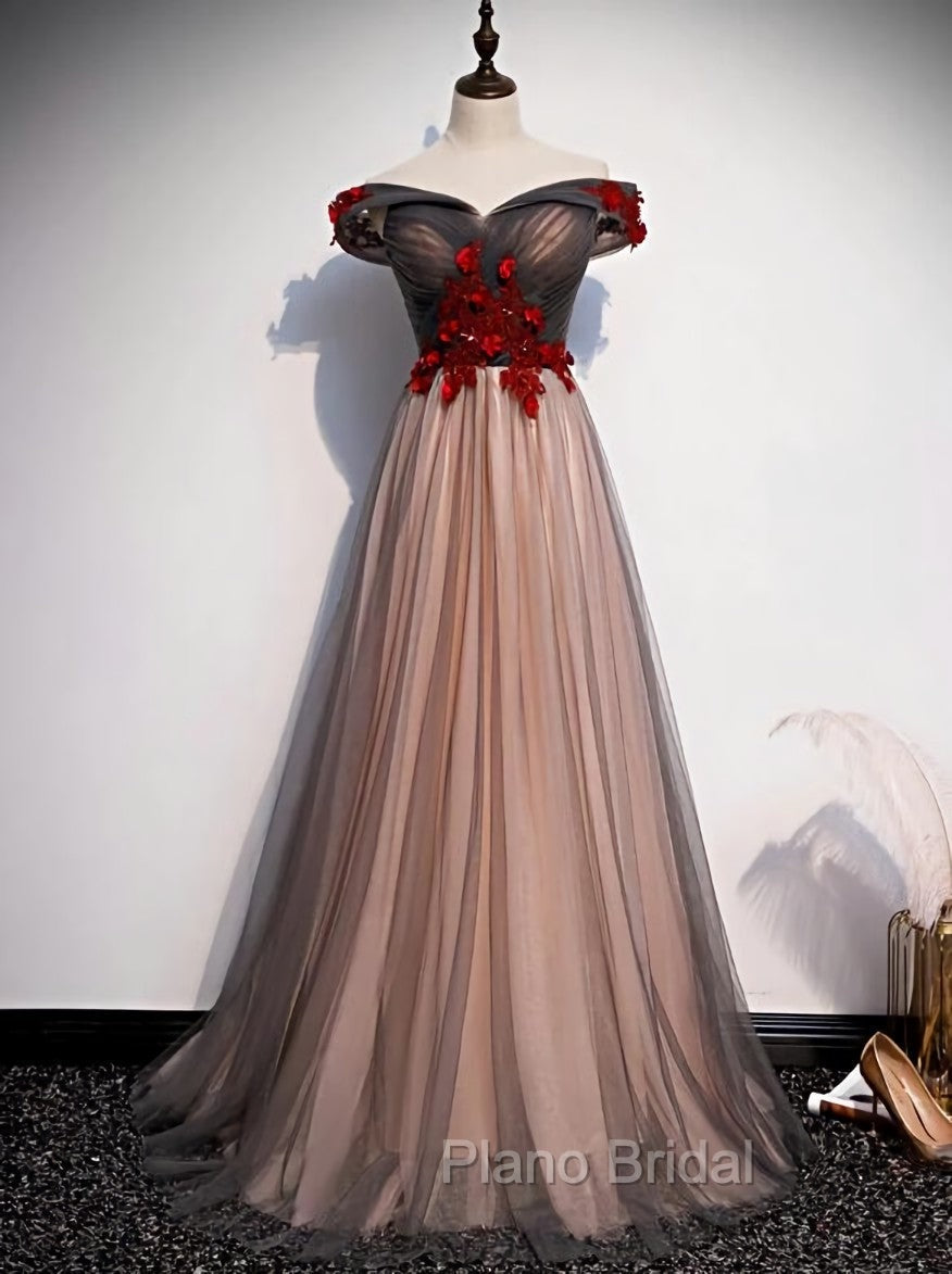 A-line Tulle Ruched Embellished Formal Prom Dresses, Long Party Dresses
