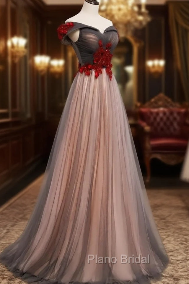 A-line Tulle Ruched Embellished Formal Prom Dresses, Long Party Dresses Main image