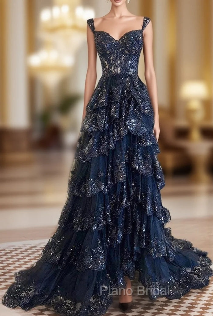 A-Line Tulle Sequin Black Long Formal Prom Dresses, Black Sequin Long Formal Dresses Main image