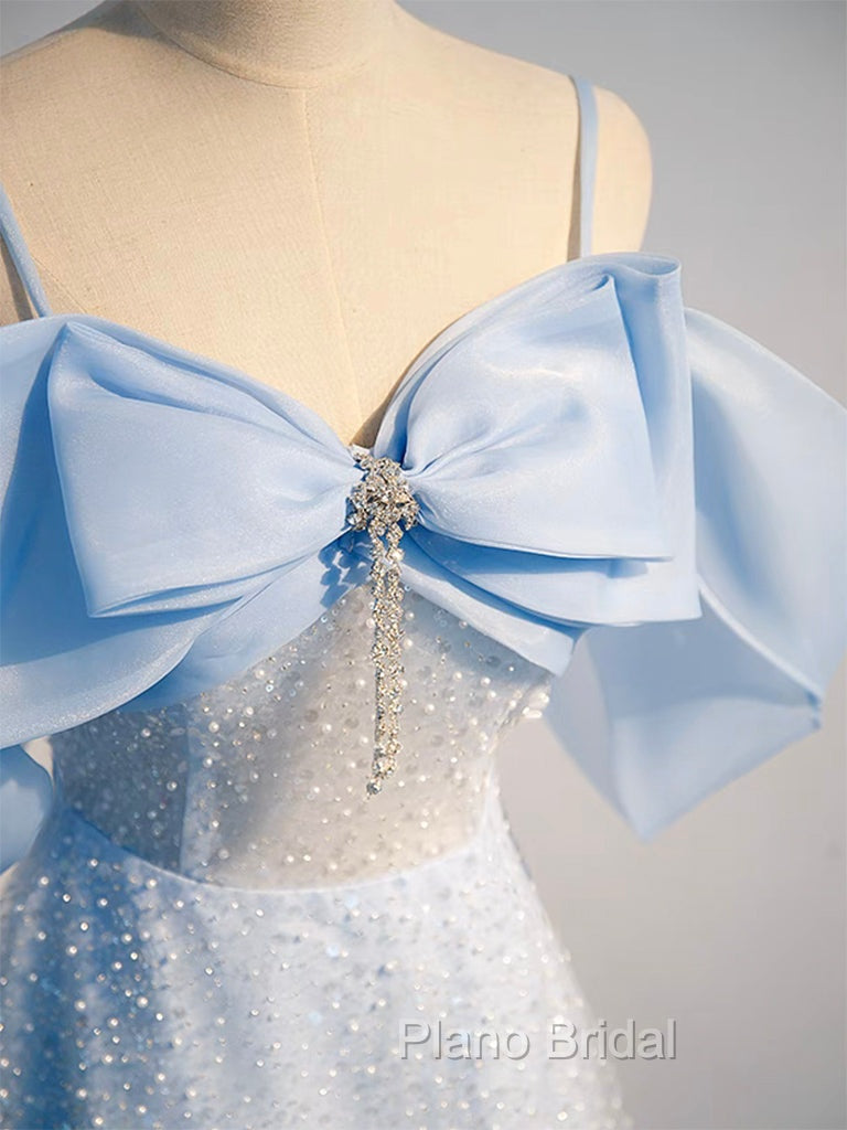 A-Line Tulle Sequin Blue Long Formal Prom Dresses, Blue Long Formal Dresses Secondary image