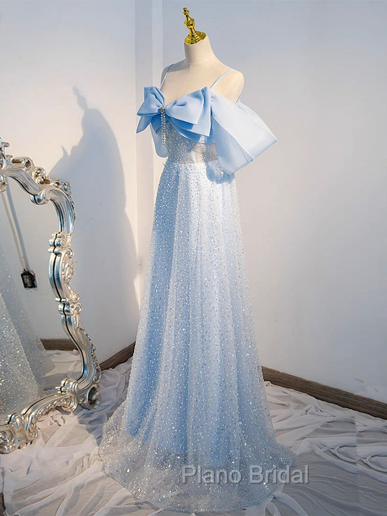 A-Line Tulle Sequin Blue Long Formal Prom Dresses, Blue Long Formal Dresses