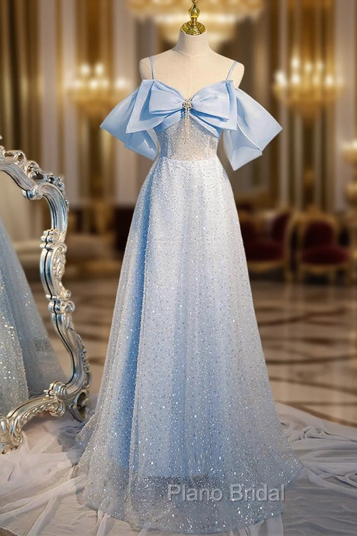 A-Line Tulle Sequin Blue Long Formal Prom Dresses, Blue Long Formal Dresses Main image