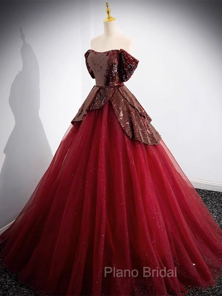 A-Line Tulle Sequin Burgundy Long Formal Prom Dresses, Off Shoulder Burgundy Formal Dresses Secondary image