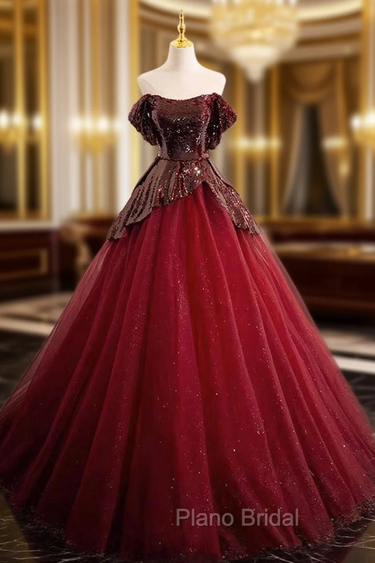 A-Line Tulle Sequin Burgundy Long Formal Prom Dresses, Off Shoulder Burgundy Formal Dresses Main image