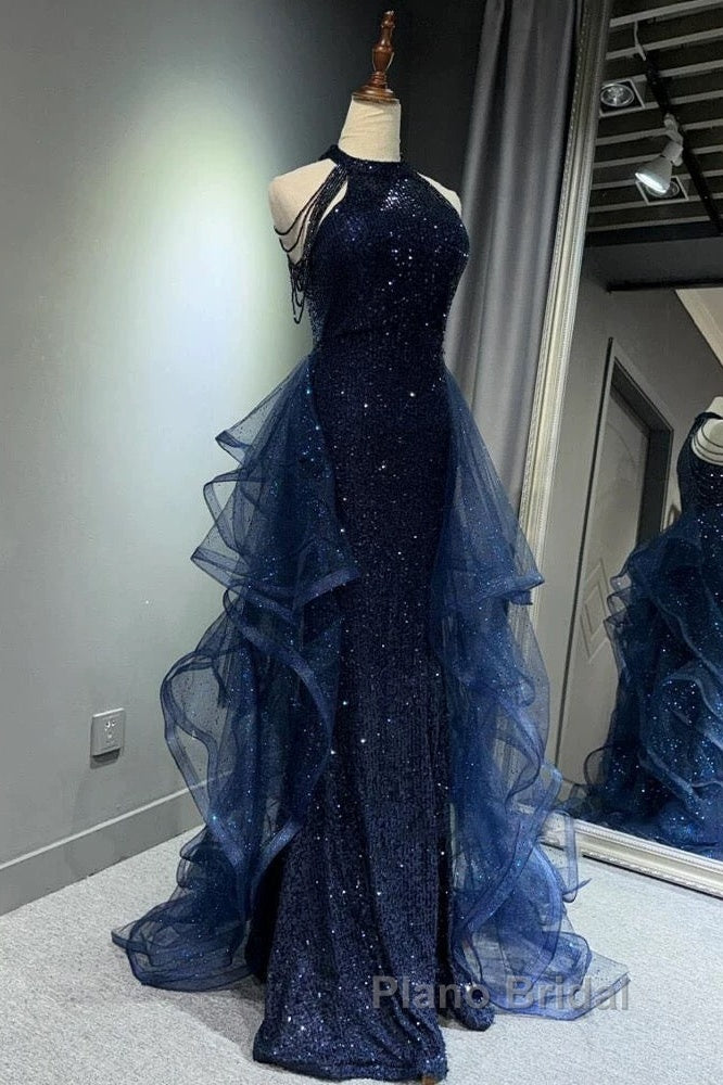 A-Line Tulle Sequin Dark Blue Long Formal Prom Dresses, Dark Blue Long Formal Dresses Secondary image