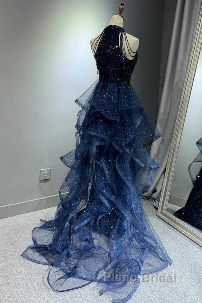 A-Line Tulle Sequin Dark Blue Long Formal Prom Dresses, Dark Blue Long Formal Dresses