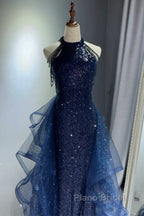 A-Line Tulle Sequin Dark Blue Long Formal Prom Dresses, Dark Blue Long Formal Dresses